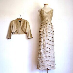 Adrianna Papell Champagne Formal Evening Shimmery Tiered Maxi Dress and Bolero
